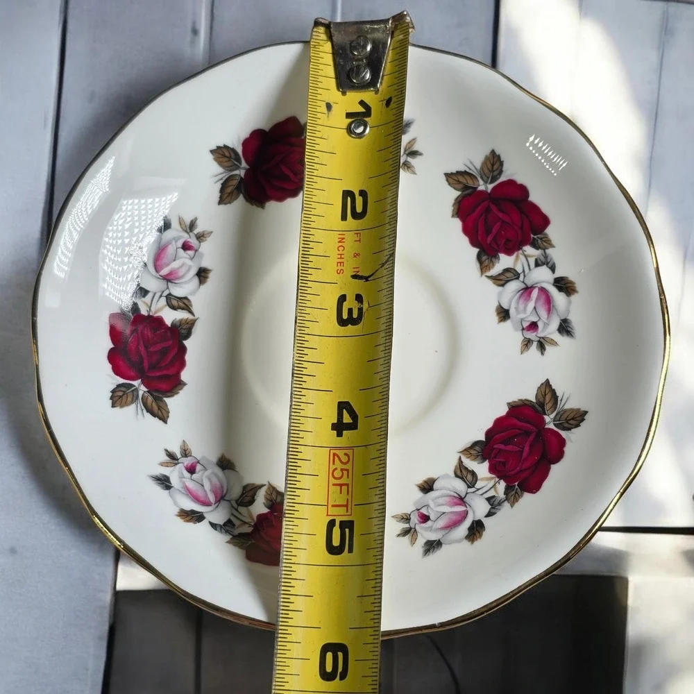 Royal Vale Bone China Tea Trio Red White Rose‎ Pattern Made in England Vintage